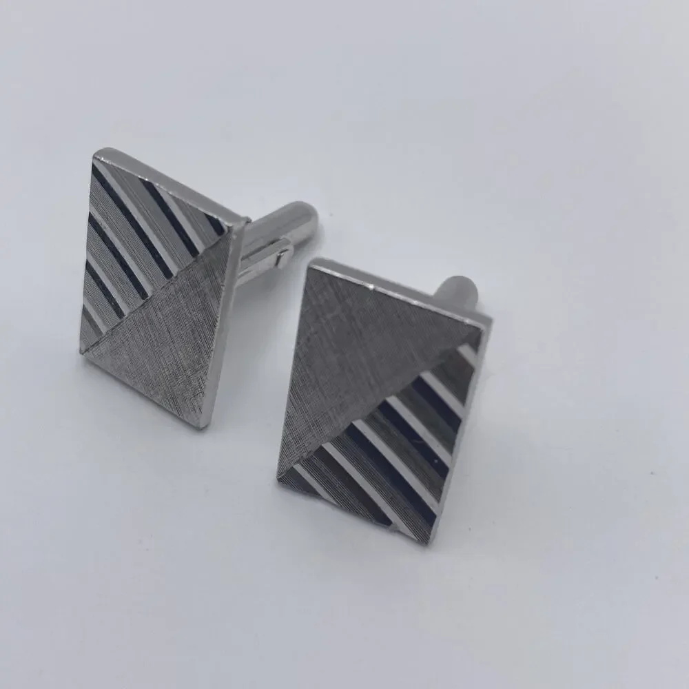 Swank Rectangular Silver Tone Cufflink Mid Century Vintage Geometric Design